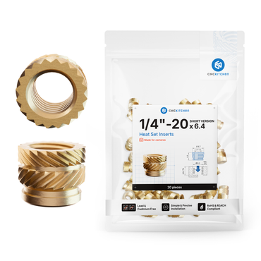 Kort heat set insert 1/4"-20 kameragevind monteret i 3D-printet del