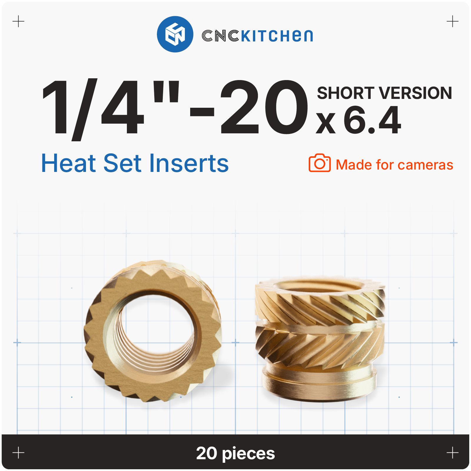 CNC Kitchen heat set inserts 1/4"-20 UNC x 6,4 mm (kort version, kameragevind) i messing, 20 stk.