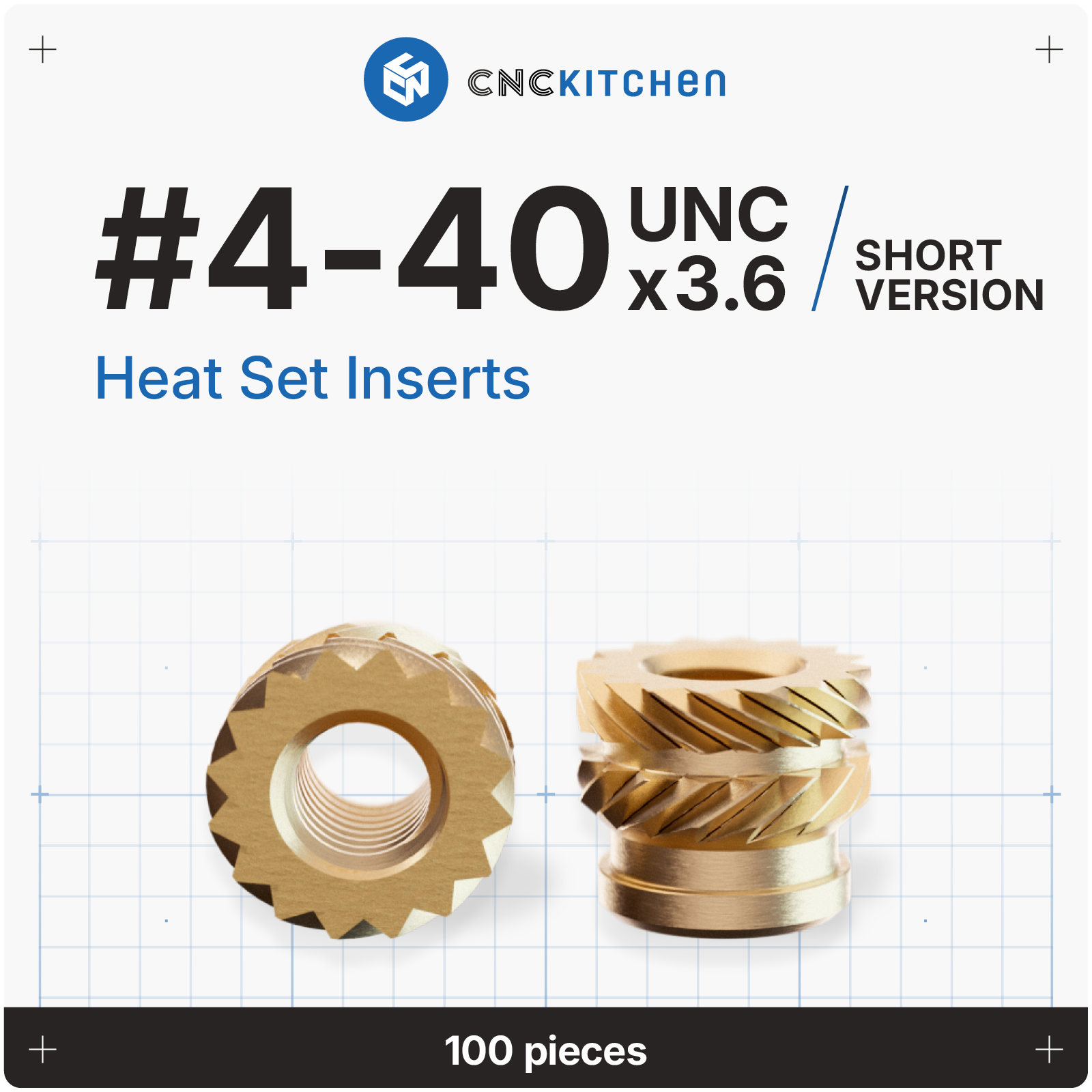CNC Kitchen heat set inserts #4-40 UNC x 3,6 mm (kort version) i messing, 100 stk.
