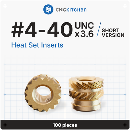 CNC Kitchen heat set inserts #4-40 UNC x 3,6 mm (kort version) i messing, 100 stk.