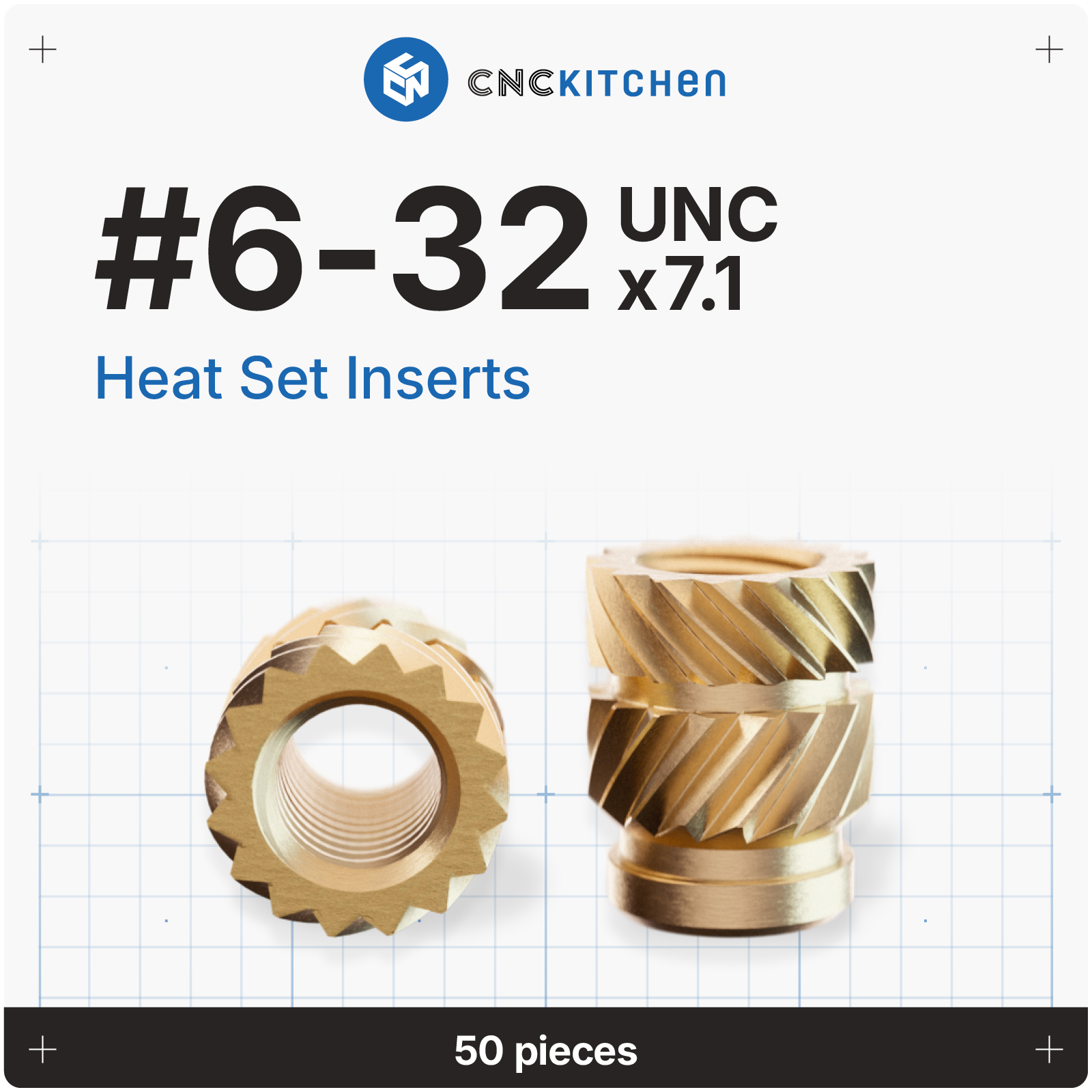 CNC Kitchen heat set inserts #6-32 UNC x 7,1 mm i messing, 50 stk.