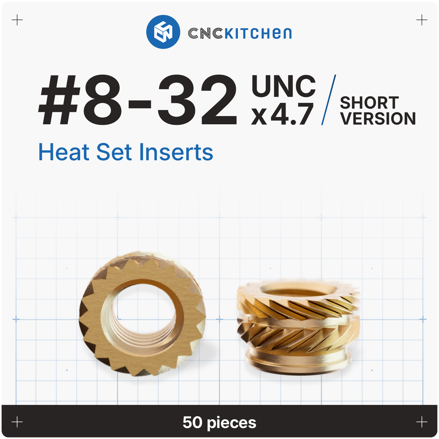 CNC Kitchen heat set inserts #8-32 UNC x 4,7 mm (kort version) i messing, 50 stk.