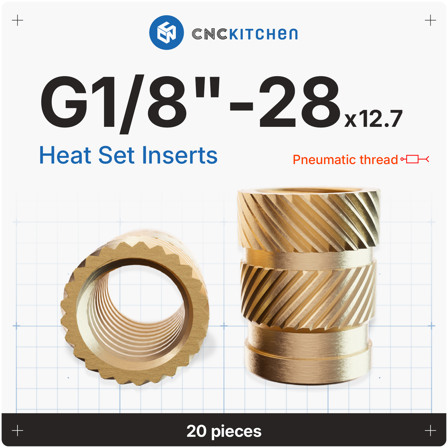 CNC Kitchen gevindindsatser G1/8"-28 x 12,7 mm i messing til pneumatik-fittings, 20 stk.