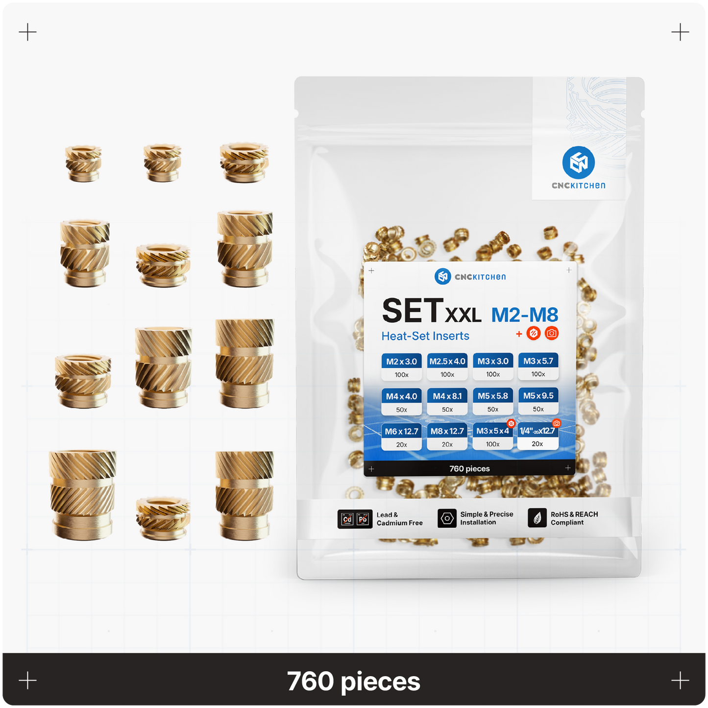 CNC Kitchen SET XXL med 760 heat set inserts i sorteringsæske