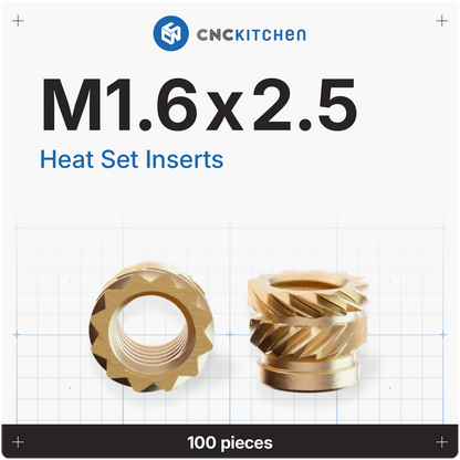 CNC Kitchen heat set inserts M1.6x2.5 i messing, pose med 100 stk