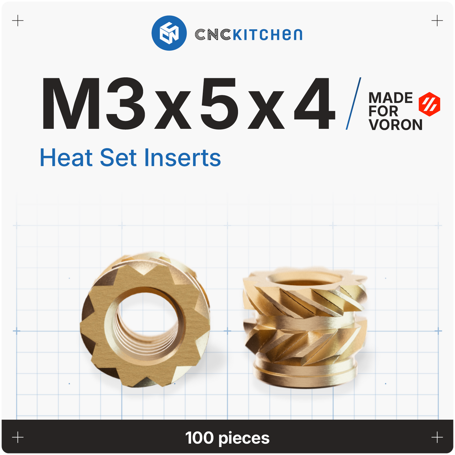 VORON M3x5x4 gevindindsats i messing med dobbelt riffling
