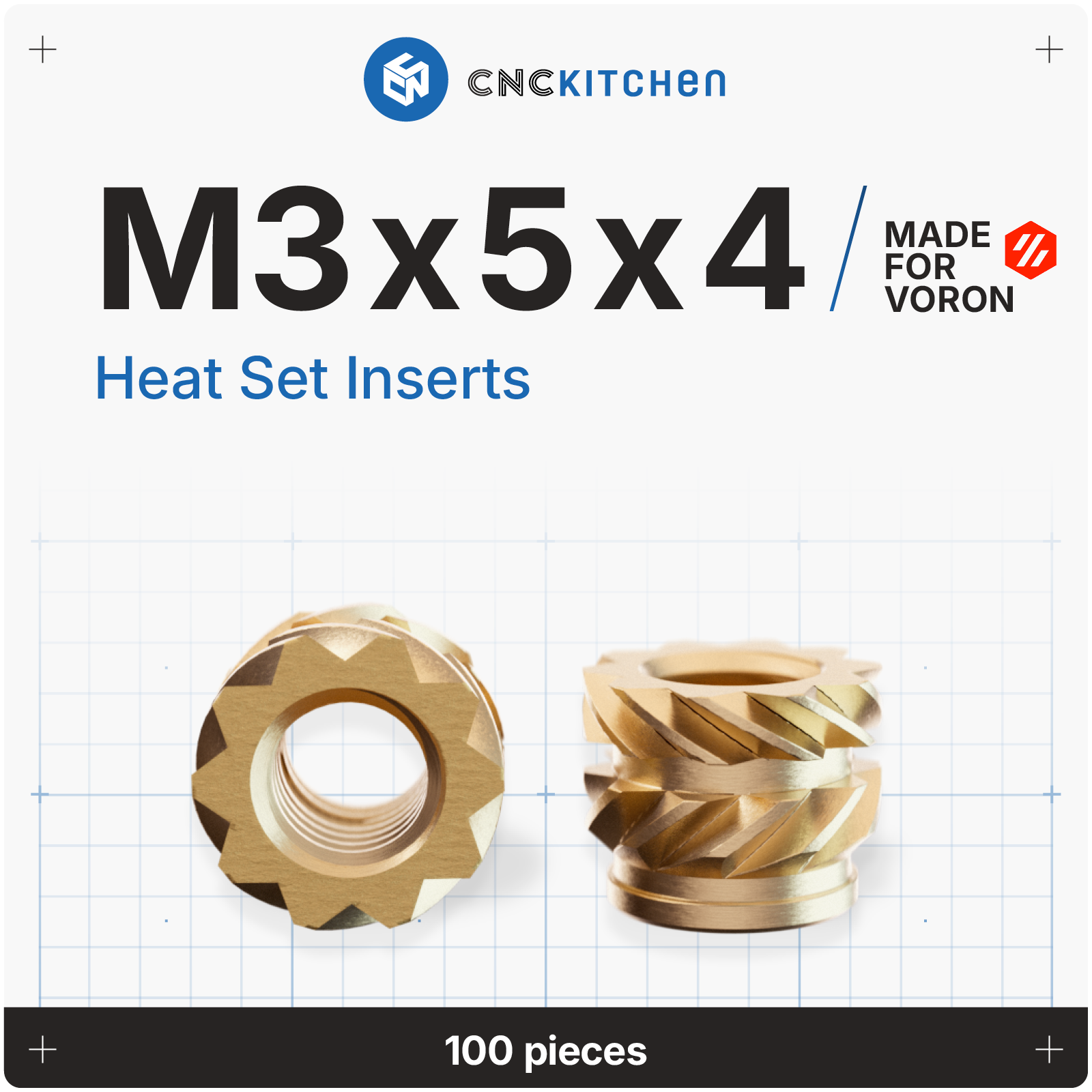VORON M3x5x4 gevindindsats i messing med dobbelt riffling