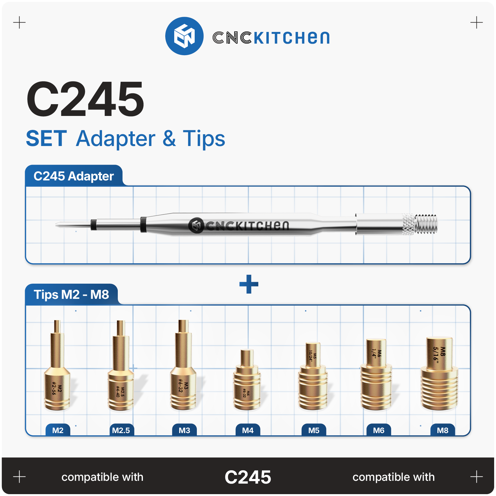 C245 adapter og monteringsspidser M2-M8