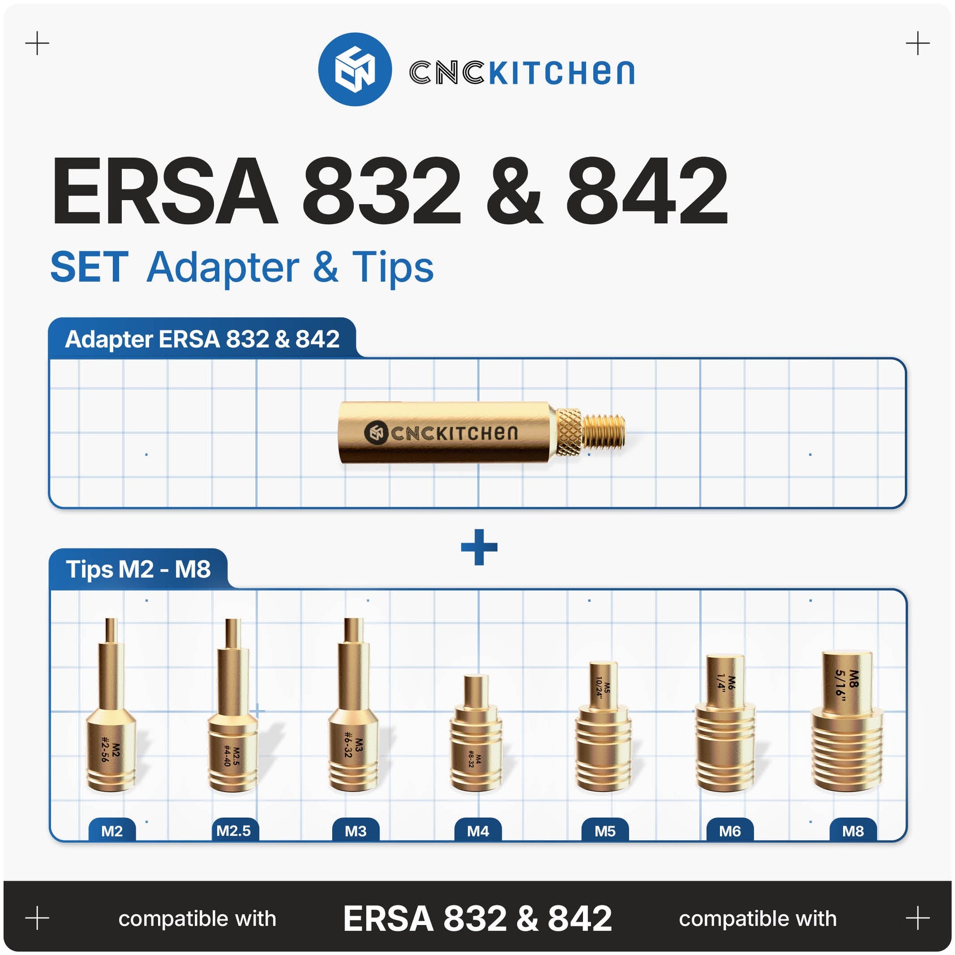 CNC Kitchen Installation Tips SET til Ersa 832 & 842 – adapter og spidser M2-M8 til heat set inserts