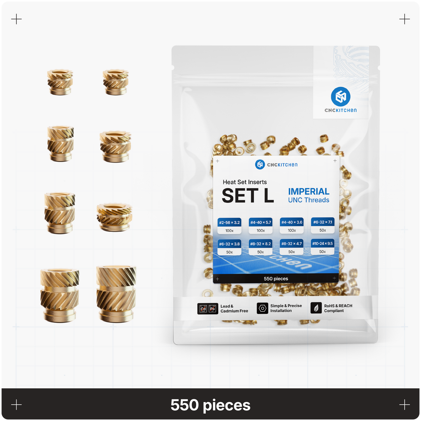 CNC Kitchen heat set insert-sæt Imperial L med 8 størrelser, 550 stk.