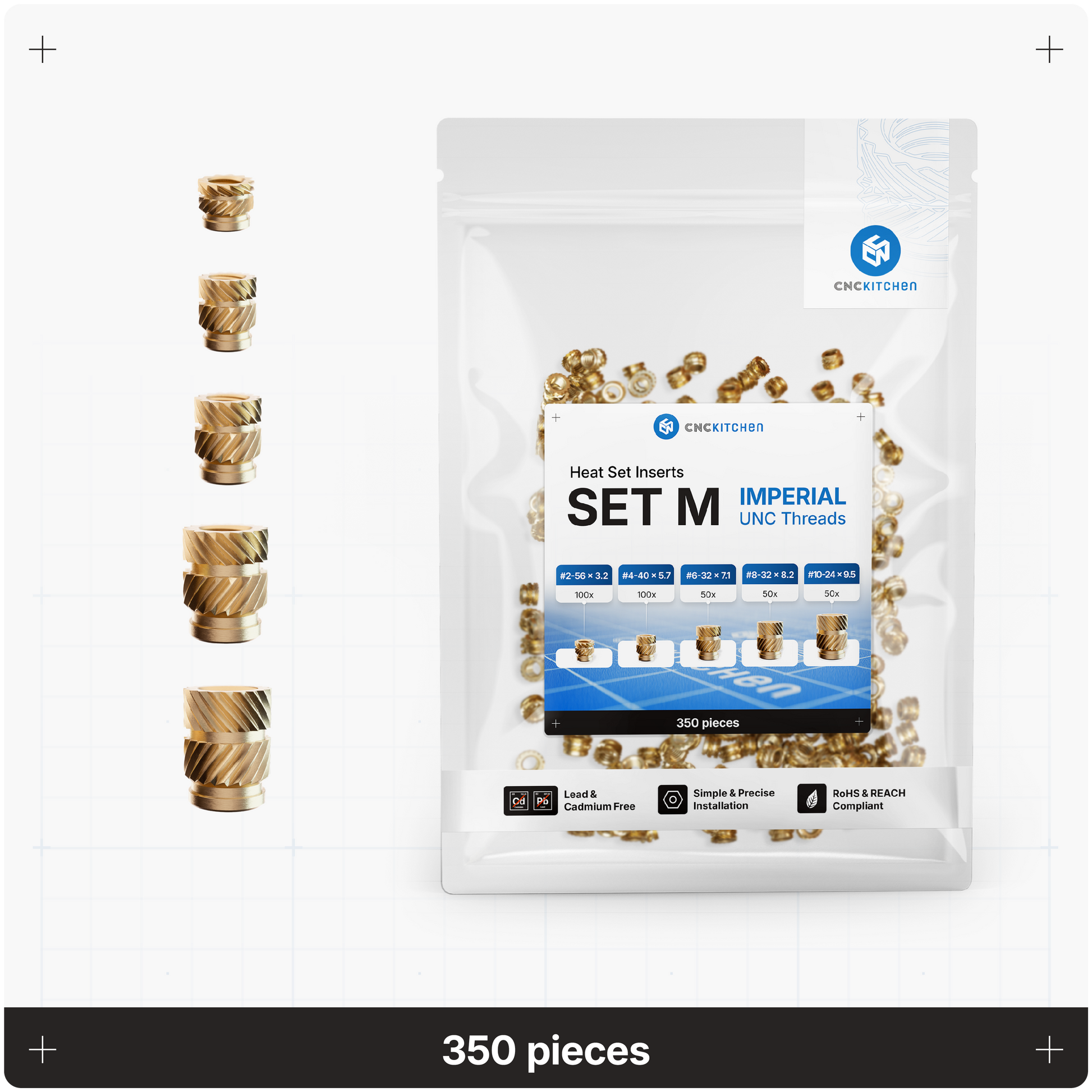 CNC Kitchen heat set insert-sæt Imperial M med 5 UNC-størrelser, 350 stk.